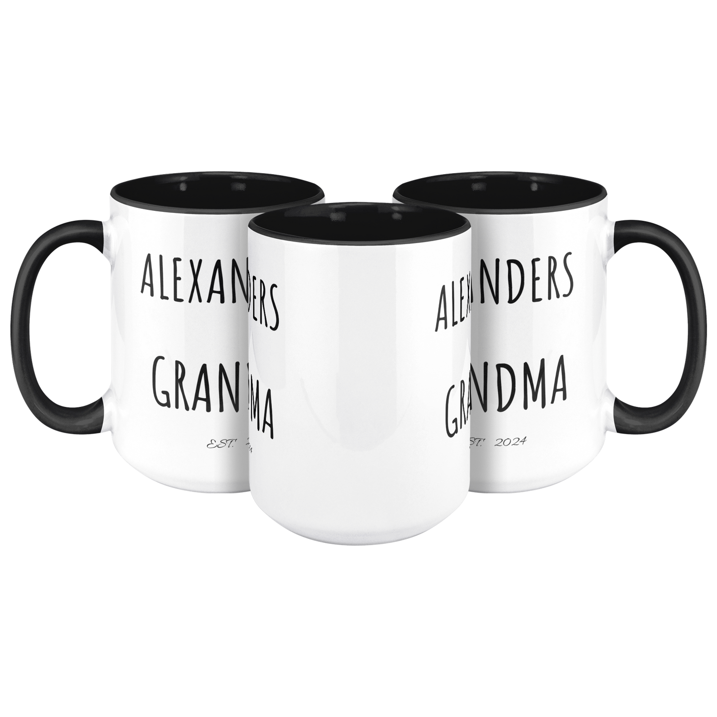 Personalized | With 2 Names|  EST. Year | Grandma , Grandad, Mom | 15oz Black Accent Mug