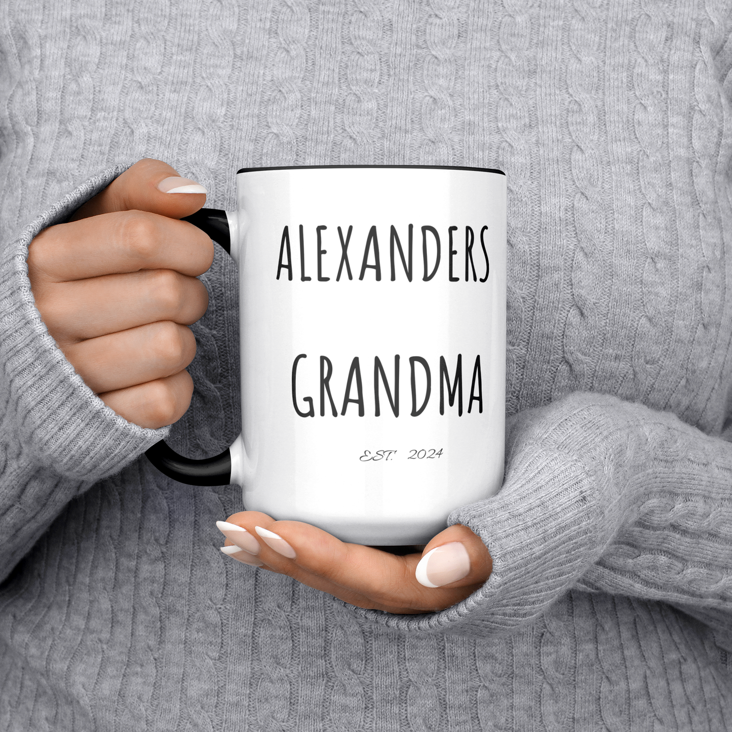 Personalized | With 2 Names|  EST. Year | Grandma , Grandad, Mom | 15oz Black Accent Mug