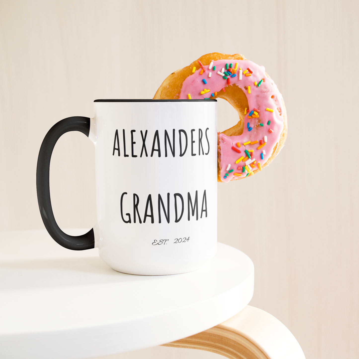 Personalized | With 2 Names|  EST. Year | Grandma , Grandad, Mom | 15oz Black Accent Mug