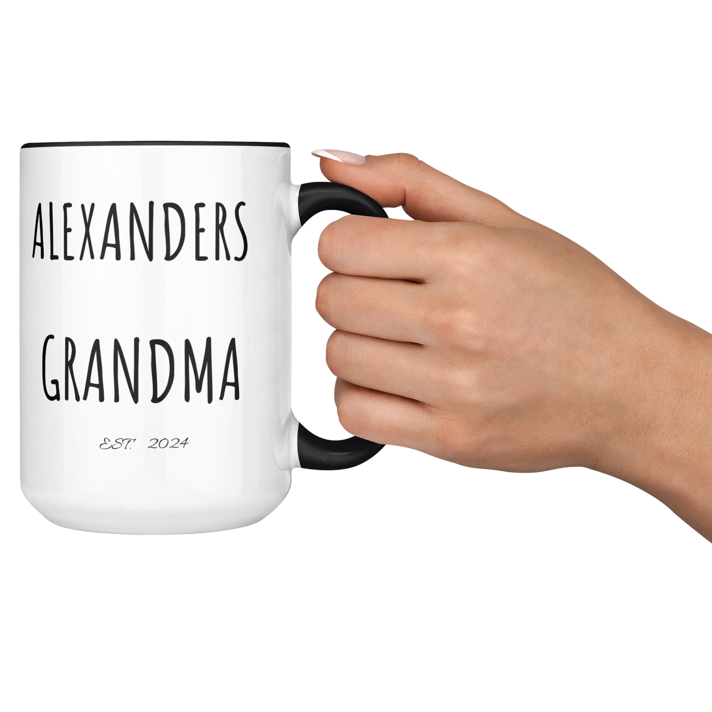 Personalized | With 2 Names|  EST. Year | Grandma , Grandad, Mom | 15oz Black Accent Mug