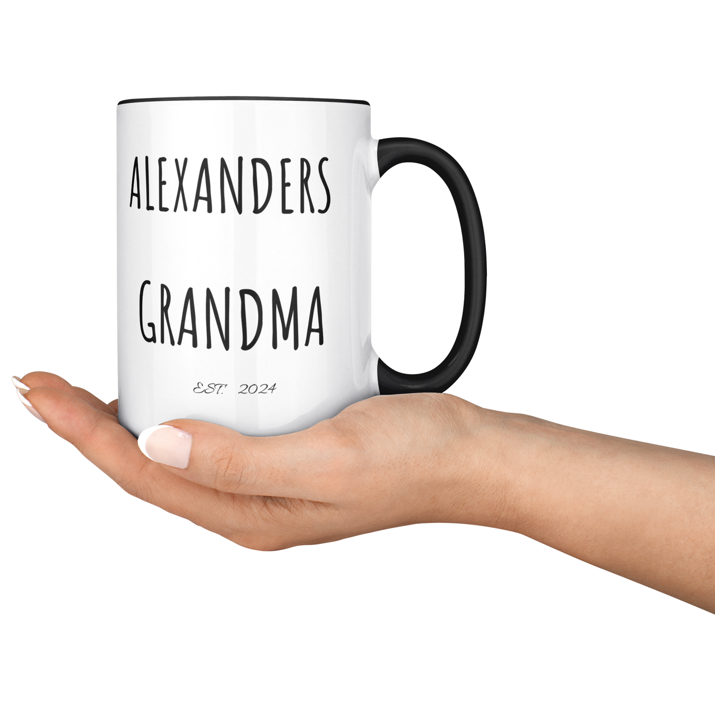Personalized | With 2 Names|  EST. Year | Grandma , Grandad, Mom | 15oz Black Accent Mug