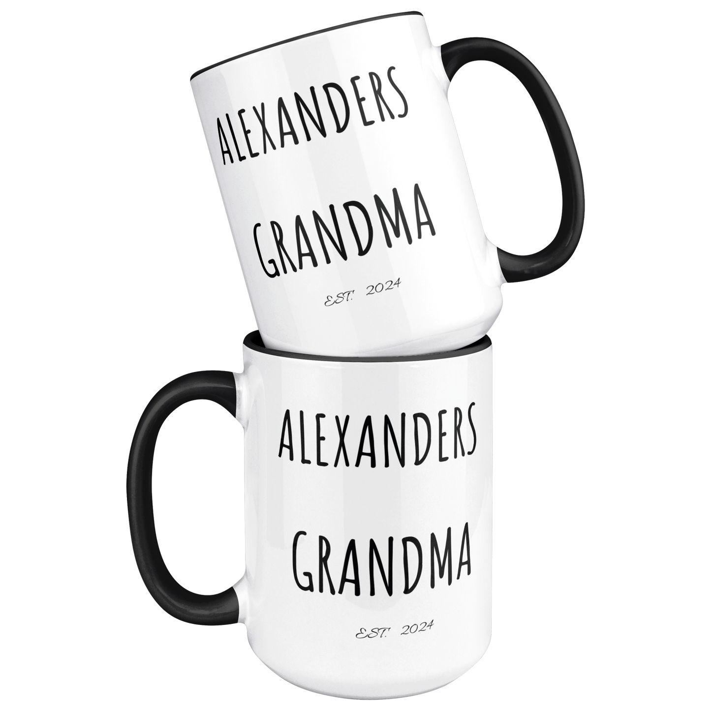 Personalized | With 2 Names|  EST. Year | Grandma , Grandad, Mom | 15oz Black Accent Mug