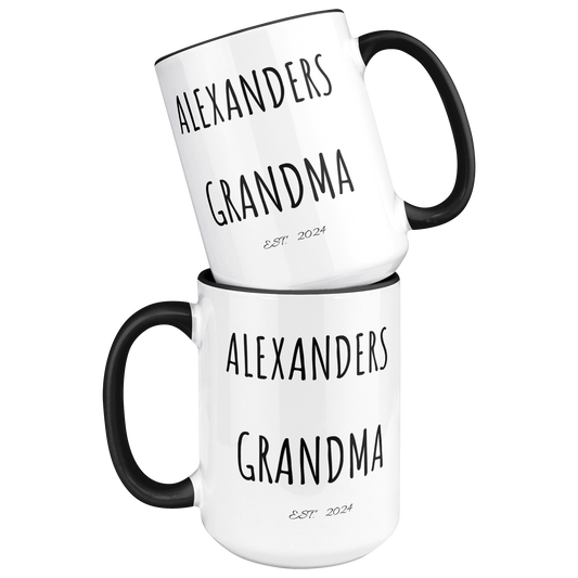 Personalized | With 2 Names|  EST. Year | Grandma , Grandad, Mom | 15oz Black Accent Mug