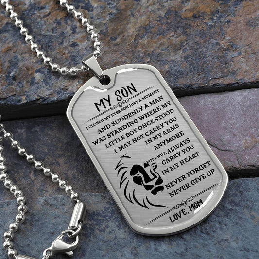 To My Son |  Dog Tag | Lion Face| Love MOM | Black Letters