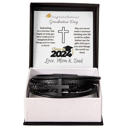 Graduation | Faith | Cross | Mens Leather Bracelet